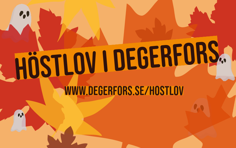 Texten "höstlov i Degerfors" mot en gul bakgrund med spöken och färgglada höstlöv.