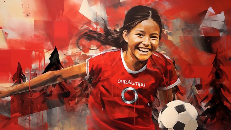 Illustration av en flicka som spelar fotboll i DIF:s röda matchtröja.