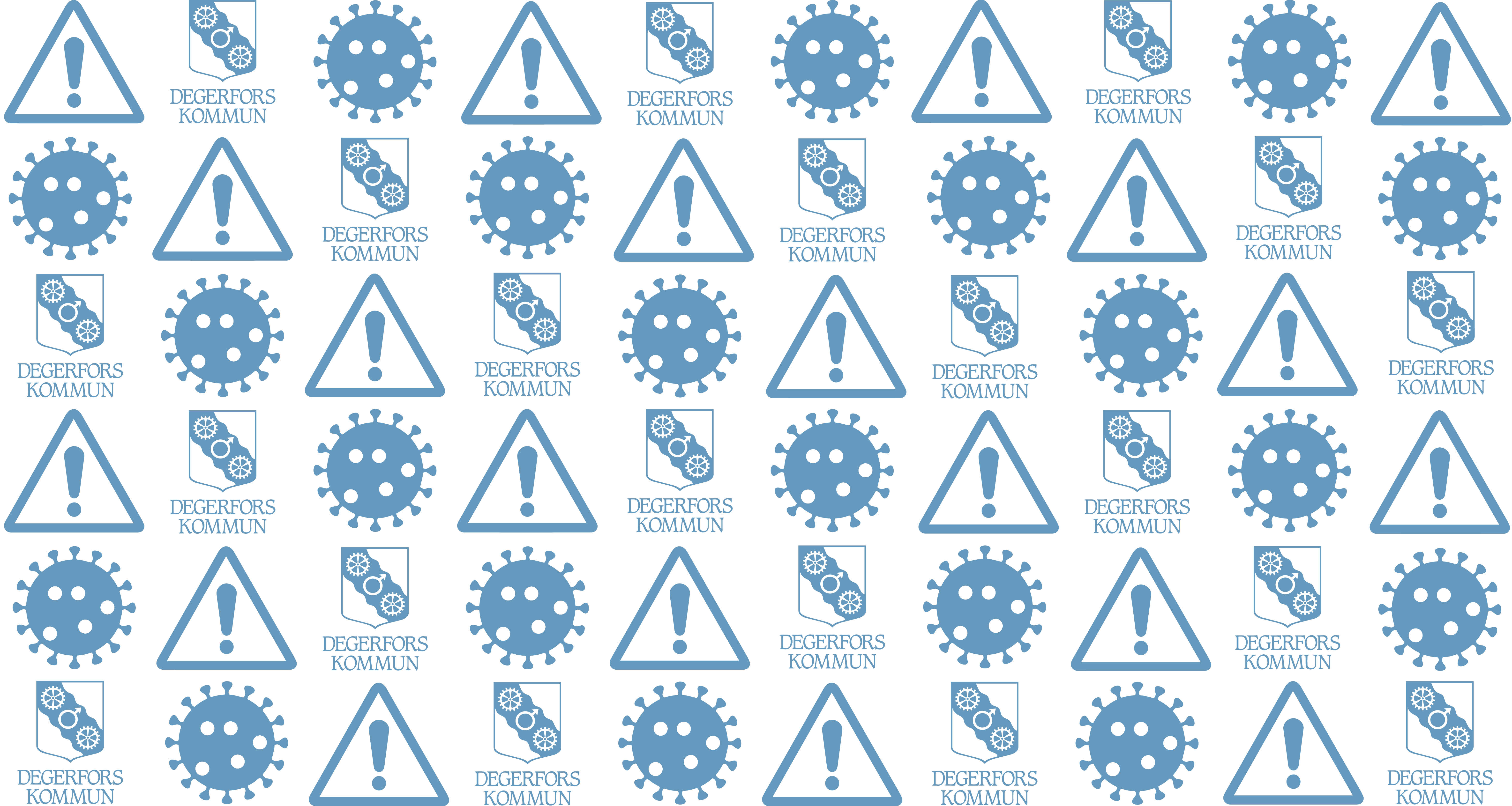 Bild med logotyper, varningstriangel och covid-19-bakterie