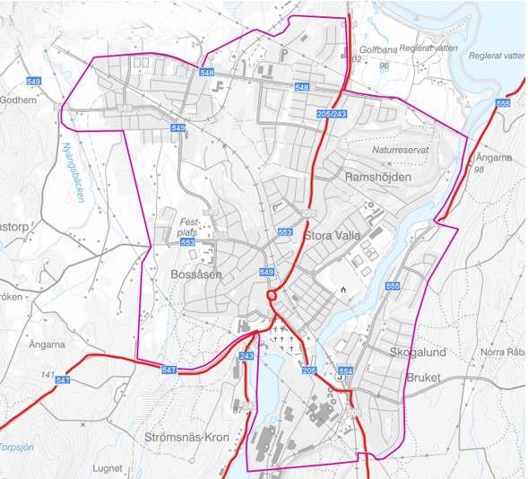 Karta över Degerfors tätort med väg 205/243