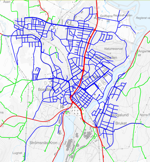 Karta över Degerfors tätort och ytterområden med vägarna markerade i rött, blått och grönt beroende på vem som är väghållare.