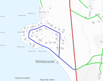 Karta över Mölle i Degerfors kommun med vägar markerade i rött, blått och grönt beroende på vem som är väghållare.
