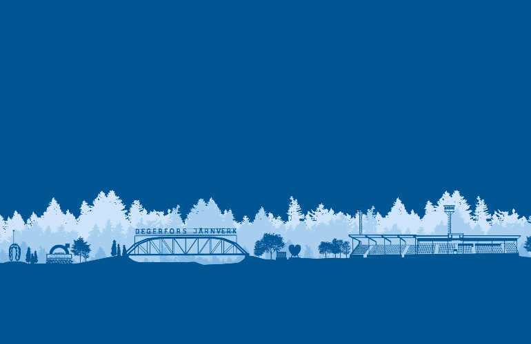 En silhuett av Degerfors landmärken mot en mellanblå bakgrund.